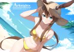  1girl amiya_(arknights) animal_ears arknights bare_arms bare_shoulders beach bikini blue_eyes blue_sky breasts brown_hair character_name closed_mouth cloud collarbone commentary_request copyright_name cowboy_shot day dutch_angle front-tie_bikini front-tie_top hair_between_eyes hand_on_own_head hat hip_focus horizon letterboxed long_hair looking_at_viewer navel ocean outdoors outside_border ponytail sidelocks signature sky small_breasts snozaki solo straw_hat swimsuit very_long_hair yellow_bikini 