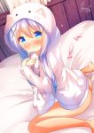  1girl :o animal_ears animal_hood ass bed_sheet blue_eyes blue_hair blurry blurry_background blush bottomless chinomaron commentary_request condom depth_of_field fake_animal_ears gochuumon_wa_usagi_desu_ka? hair_ornament hands_up highres hood hood_up hooded_jacket indoors jacket kafuu_chino long_hair long_sleeves looking_at_viewer looking_to_the_side naked_coat parted_lips pillow pillow_hug signature sitting sleeves_past_wrists solo used_condom wariza white_jacket x_hair_ornament 