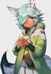  1boy animal_ears aqua_hair blue_eyes dark_skin fanny_pack fox_ears fox_tail grey_background gundam gundam_build_divers_re:rise hair_over_one_eye hair_over_shoulder hands_clasped hankuri hood jacket long_sleeves looking_to_the_side own_hands_together parted_lips parviz_(gundam_build_divers_re:rise) shiny shiny_hair simple_background smile solo tail 