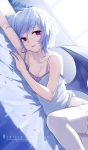  1girl arm_up bangs bare_arms bare_shoulders bat_wings bed blue_hair breasts camisole character_name cleavage collarbone commentary dated dutch_angle feet_out_of_frame garter_straps hair_between_eyes hand_up highres indoors looking_at_viewer lying no_hat no_headwear on_side parted_lips petals red_eyes remilia_scarlet shadow short_hair small_breasts snozaki solo spaghetti_strap thighhighs touhou white_legwear window wings 
