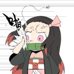  1girl angry bamboo bit_gag black_hair bug chibi chinese_commentary chinese_text commentary_request cowboy_shot gag hair_ribbon haori highres insect japanese_clothes kamado_nezuko kimetsu_no_yaiba kimono looking_to_the_side miin_miin mosquito motion_blur motion_lines mouth_hold multicolored_hair obi pink_eyes pink_kimono pink_ribbon red_hair ribbon sash slapping solo translation_request truth veins 