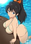  1girl antenna_hair artist_name ass bangs bare_shoulders bikini black_hair blue_eyes blush bow breasts butt_crack cleavage closed_mouth collarbone ganaha_hibiki hair_between_eyes hair_bow highres idolmaster idolmaster_(classic) jabara_tornado large_breasts long_hair looking_at_viewer orange_bow ponytail poolside smile solo swimsuit thighs water wet 