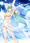  1girl armpits beach bikini blush bow breasts cloud dragon_girl fate/grand_order fate_(series) frilled_bikini frills green_hair hair_bow highres horns japanese_clothes kiyohime_(fate/grand_order) kiyohime_(swimsuit_lancer)_(fate) large_breasts long_hair looking_at_viewer navel outdoors rx7649 sand see-through sky solo swimsuit very_long_hair weapon yellow_bikini_bottom yellow_bikini_top yellow_eyes 