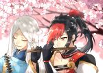  2boys abe_no_seimei_(onmyoji) asymmetrical_bangs asymmetrical_gloves bangs black_gloves black_hair cherry_blossoms chinese_clothes closed_eyes closed_mouth collar collarbone flower flute gloves high_ponytail highres holding holding_instrument instrument long_hair looking_at_another male_focus minamoto_no_hiromasa multicolored_hair multiple_boys onmyoji open_mouth partly_fingerless_gloves pink_flower red_eyes red_hair tiyi_(tiyi_a09) two-tone_hair white_hair yugake 