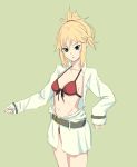  1girl :o alternate_costume blonde_hair blush braid breasts fate/grand_order fate_(series) french_braid green_background green_eyes groin highres mordred_(fate)_(all) mordred_(swimsuit_rider)_(fate) navel oishii2929 ponytail sleeves_past_wrists small_breasts solo 