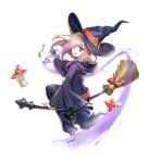  1girl blue_headwear bow broom broom_riding hair_over_one_eye hat little_witch_academia long_hair looking_at_viewer mushroom parted_lips pink_hair red_bow red_eyes sitting smile solo sseli sucy_manbavaran teeth witch_hat 