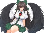  1girl :p absurdres bangs black_hair black_wings blush bow breasts cape commentary_request eyebrows_visible_through_hair feathered_wings green_bow green_skirt hair_between_eyes hair_bow highres large_breasts long_hair looking_at_viewer miniskirt phano_(125042) puffy_short_sleeves puffy_sleeves red_eyes reiuji_utsuho shirt short_sleeves simple_background sitting skirt smile solo thighs tongue tongue_out touhou very_long_hair wet wet_clothes wet_shirt white_background white_cape white_shirt wings 