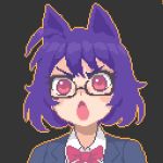  1girl animal_ears black_background blue_hair bow bowtie chestnut_mouth collared_shirt eyebrows face glasses halloween hcnone kemonomimi_mode looking_at_viewer open_mouth original pink_eyes pixel_art red_bow red_neckwear shirt short_hair simple_background skye_(hcnone) solo upper_body white_shirt wolf_ears 