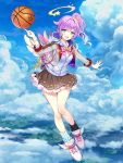  1girl :d bare_legs basketball black_legwear blazer blue_eyes breasts brown_skirt byulzzimon cloud full_body hair_flaps halo hood hood_down hoodie jacket long_hair long_sleeves looking_at_viewer luka_(shironeko_project) medium_breasts mini_wings miniskirt mismatched_legwear open_mouth outstretched_arm pleated_skirt ponytail purple_hair shironeko_project shoes skirt sky smile sneakers socks solo star striped striped_legwear sweatband undershirt white_footwear wing_collar 