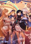  4girls :d :o ;) alcohol anchor_symbol arm_across_waist armband azur_lane balloon bangs bare_shoulders black_gloves black_hair black_legwear blonde_hair blue_eyes blush bottle breasts california_(azur_lane) champagne champagne_bottle chicken_(food) choker cleavage closed_eyes coat collarbone confetti cross cross_necklace cup dress drinking_glass eyebrows_visible_through_hair food gloves hair_between_eyes hairband half_updo hand_up hat highres holding holding_bottle holding_cup jacket jacket_on_shoulders jewelry large_breasts logo long_hair long_sleeves looking_at_another medium_breasts mole mole_under_eye multiple_girls necklace necktie north_carolina_(azur_lane) off_shoulder official_art one_eye_closed open_mouth orange_sekaii pantyhose red_eyes short_hair sidelocks silver_hair skirt smile standing washington_(azur_lane) west_virginia_(azur_lane) wide_sleeves 