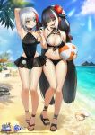  2girls :d absurdres admiral_graf_spee_(azur_lane) ankle_strap arm_behind_head armpits azur_lane ball bangs beach beachball bikini bikini_skirt black_bikini black_choker black_hair black_nails black_scrunchie black_skirt black_swimsuit blue_eyes blue_sky blush breasts cellphone choker cleavage cloud day deutschland_(azur_lane) deutschland_(service_time?!)_(azur_lane) eyebrows_visible_through_hair fang flower full_body hair_flower hair_ornament hibiscus highleg highleg_swimsuit highres holding holding_ball holding_phone large_breasts locked_arms long_hair multicolored_hair multiple_girls navel ocean one-piece_swimsuit open_mouth outdoors phone red_hair romana sand sandals scrunchie shell short_hair sidelocks silver_hair skin_fang skirt sky smartphone smile streaked_hair swimsuit toenail_polish toes very_long_hair watermark white_hair wrist_scrunchie 