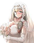  1girl bare_shoulders blush bouquet breasts bridal_veil circle_cut cleavage collarbone commentary_request dress elbow_gloves eyebrows_visible_through_hair flower girls_frontline gloves grey_hair hair_between_eyes hair_ornament hair_scrunchie helianthus_(girls_frontline) highres large_breasts long_hair looking_at_viewer monocle pink_flower pink_rose rose scrunchie simple_background sleeveless sleeveless_dress solo strapless strapless_dress take_(trude1945oneetyan) veil wedding_dress white_background white_dress white_gloves 