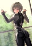  1girl ass bodysuit commentary_request highres kilye_4421 lips looking_at_viewer looking_back original short_hair silver_hair skin_tight solo 