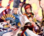 2boys abe_no_seimei_(onmyoji) arrow beads black_hair blue_eyes bow_(weapon) chinese_clothes closed_mouth collar fan hat high_ponytail holding holding_arrow holding_bow_(weapon) holding_fan holding_weapon japanese_clothes jewelry long_hair long_sleeves looking_at_viewer male_focus minamoto_no_hiromasa multicolored_hair multiple_boys onmyoji ponytail red_eyes red_hair standing tate_eboshi tiyi_(tiyi_a09) two-tone_hair weapon white_hair 