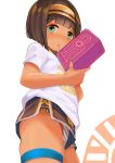  1girl absurdres bangs blush bob_cut brown_hair brown_shorts commentary_request dark_skin eyebrows_visible_through_hair finger_to_mouth green_eyes headband highres holding looking_at_viewer original panties print_shirt shirt short_hair short_shorts short_sleeves shorts simple_background skindentation solo striped striped_panties thigh_strap toy_box-r underwear upshorts white_background white_shirt 