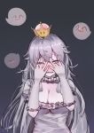  1girl blush breasts cleavage commentary_request crown dress eyebrows_visible_through_hair fangs frills gloves grey_dress greypidjun highres large_breasts long_hair mario_(series) pale_skin peeking_through_fingers pink_eyes princess_king_boo super_crown white_gloves 