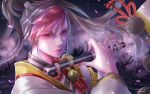  1boy asymmetrical_bangs bangs black_hair closed_mouth collar dark_background flute high_ponytail highres holding holding_instrument instrument japanese_clothes looking_at_viewer male_focus minamoto_no_hiromasa multicolored_hair onmyoji red_eyes red_hair solo tree two-tone_hair user_exvv8824 