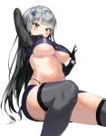  1girl black_gloves black_panties breasts clothes_writing facial_mark from_below girls_frontline gloves green_eyes grey_hair grey_legwear hair_ornament highres hk416_(girls_frontline) invisible_chair long_hair looking_at_viewer navel panties pixel_(yuxian) shiny shiny_skin shrug_(clothing) simple_background sitting smile solo tattoo thighhighs underboob underwear white_background 