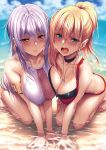  2girls all_fours armlet ayase_kaya ayase_touka_(piromizu) bangle barefoot beach bikini blonde_hair blue_eyes blurry blurry_background bracelet breasts choker cleavage_cutout closed_mouth comic_exe day depth_of_field earrings eyebrows_visible_through_hair fingernails fisheye frown hair_between_eyes highres hoop_earrings jewelry large_breasts long_fingernails long_hair looking_at_viewer multi-strapped_bikini multiple_girls nail_polish necklace open_mouth original outdoors piromizu ponytail purple_hair red_bikini red_nails sidelocks swimsuit wet wet_hair yellow_eyes 