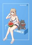  absurdres blue_eyes breasts food fruit glasses highres large_breasts lexington_(warship_girls_r) silver_hair slippers spoon_in_mouth toes underwear uss_lexington_(cv-2) warship_girls_r watermelon xiao_qi 