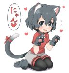  1girl animal_ear_fluff animal_ears black_collar black_hair black_legwear blue_eyes blush cat_ears cat_girl cat_tail collar commentary extra_ears eyebrows_visible_through_hair fang flying_sweatdrops fur_trim gloves heart kaban_(kemono_friends) kemono_friends kemonomimi_mode no_hat no_headwear open_mouth pantyhose paw_boots paw_gloves paw_pose paws ransusan red_ribbon red_shirt ribbon seiza shirt short_hair short_sleeves shorts sitting solo t-shirt tail tail_ribbon translated 