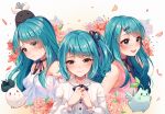  3girls bangs bare_shoulders black_bow black_ribbon blue_hair bow breasts choker closed_mouth collared_shirt commentary commission dress_shirt english_commentary eyebrows_visible_through_hair flower green_eyes green_flower grey_background hair_ornament hair_ribbon hairclip hands_up hyanna-natsu long_hair mandrake multiple_girls neck_ribbon off-shoulder_shirt off_shoulder on_head one_side_up original parted_lips petals pink_flower pink_tank_top ribbon ribbon_choker shirt simple_background small_breasts smile tank_top upper_body upper_teeth white_flower white_shirt 