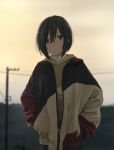  1girl black_eyes black_hair blurry blurry_background commentary english_commentary hands_in_pockets hood hoodie jacket original outdoors sakeharasu short_hair solo sunset 