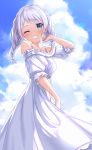 1girl bang_dream! bangs blue_eyes blue_sky blush braid cloud cloudy_sky commentary_request day dress eyebrows_visible_through_hair grin hand_up highres long_hair looking_at_viewer lunacle off-shoulder_dress off_shoulder one_eye_closed outdoors puffy_short_sleeves puffy_sleeves short_sleeves silver_hair sky smile solo twin_braids twintails wakamiya_eve white_dress 