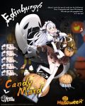  1girl alternate_costume apron azur_lane blue_eyes blush braid candy character_name closed_eyes copyright_name edinburgh_(azur_lane) edinburgh_(candy_maid)_(azur_lane) english_commentary english_text expressions eyebrows_visible_through_hair food french_braid ghost gold_bar halloween halloween_costume highres jack-o&#039;-lantern jacknavy maid maid_apron maid_headdress official_art open_mouth panties panties_removed pumpkin round_eyewear side-tie_panties side_braids skirt skirt_tug smile solo surprised thighhighs underwear untied untied_panties white_apron white_hair 