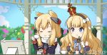  2girls :t azur_lane bangs black_hairband blonde_hair blue_eyes blue_sky blush bow cake chair closed_eyes closed_mouth cloud commentary_request crown cup day detached_sleeves dress eating epaulettes eyebrows_visible_through_hair food fork gloves grey_dress hair_bow hair_ears hair_ornament hairband headgear holding holding_cup holding_fork holding_saucer jacket juliet_sleeves long_hair long_sleeves miicha mini_crown multiple_girls on_chair outdoors puffy_sleeves purple_jacket queen_elizabeth_(azur_lane) ringlets saucer scarf sitting sky slice_of_cake smile strapless strapless_dress striped striped_hairband table teacup twitter_username v-shaped_eyebrows warspite_(azur_lane) wavy_hair white_bow white_gloves white_scarf 