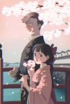  1boy 1girl :d black_hair black_headwear blurry blurry_background bob_cut bow branch bridge brown_hair cherry_blossoms chibi_maruko-chan chromatic_aberration dappled_sunlight day flower from_side hair_bow hakama half_updo hanawa_kazuhiko hat hat_removed headwear_removed height_difference highres holding holding_branch holding_hat japanese_clothes kimono long_sleeves looking_at_viewer looking_to_the_side meiji_schoolgirl_uniform older open_mouth outdoors posha-art red_bow red_hakama red_kimono sakura_momoko short_hair side-by-side sky smile sunlight upper_body wide_sleeves 