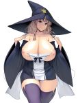  1girl bangs bare_shoulders blonde_hair blue_eyes blunt_bangs braid breasts cleavage commentary_request curvy earrings hat hexagram highres huge_breasts jewelry looking_at_viewer masao nipple_slip nipples original plump purple_legwear revealing_clothes revision simple_background skindentation solo star star_earrings star_of_david thick_thighs thighhighs thighs white_background wide_sleeves witch witch_hat zettai_ryouiki 