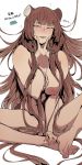  1girl :p animal_ears bangs bare_shoulders barefoot blush breasts brown_eyes brown_hair cleavage cunnilingus_gesture drooling ettone eyebrows_visible_through_hair half-closed_eyes hands_on_feet highres indian_style long_hair looking_at_viewer nipples nude raccoon_ears raphtalia simple_background sitting smile solo spread_legs sweat tate_no_yuusha_no_nariagari toes tongue tongue_out v very_long_hair white_background 