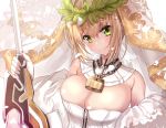  1girl aestus_estus ahoge bangs bare_shoulders blonde_hair blush breasts bridal_veil chain cleavage closed_mouth detached_collar fate/extra fate/extra_ccc fate_(series) green_eyes hair_between_eyes hair_intakes highres large_breasts leotard lock long_hair looking_at_viewer nero_claudius_(bride)_(fate) nero_claudius_(fate)_(all) padlock petals smile solo sword untsue veil weapon white_leotard zipper 