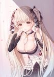  09261377 1girl :p absurdres azur_lane bangs black_bow black_dress blush bow breasts cleavage closed_mouth collarbone commentary_request dress eyebrows_visible_through_hair finger_to_mouth formidable_(azur_lane) hair_bow hand_up highres large_breasts leaning_forward light_brown_hair long_hair long_sleeves looking_at_viewer petals red_eyes shoulder_cutout sleeves_past_wrists smile solo tongue tongue_out twintails very_long_hair 
