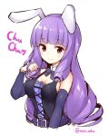  1girl animal_ears bangs belt blunt_bangs bow bowtie breasts bunny_ears character_name chuchu_(show_by_rock!!) cleavage closed_mouth detached_collar eyebrows_visible_through_hair heart long_hair looking_at_viewer medium_breasts purple_bow purple_eyes purple_hair rokushou_kokuu show_by_rock!! simple_background smile solo twitter_username upper_body white_background 