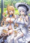  2girls absurdres azur_lane bangs bare_shoulders black_legwear blonde_hair blue_eyes blurry blurry_background blush breasts cleavage cuboon day dress eating elbow_gloves eyebrows_visible_through_hair food food_on_body food_on_face gloves hair_ornament hair_ribbon hat highres holding holding_food illustrious_(azur_lane) lace_trim large_breasts laurel_crown logo long_hair mole mole_under_eye multiple_girls navel official_art open_mouth outdoors panties ribbon smile strapless strapless_dress sun_hat thighhighs underwear very_long_hair victorious_(azur_lane) watermark white_dress white_gloves white_hair white_legwear 