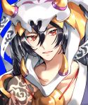  1boy bare_shoulders black_hair collarbone horns jewelry looking_at_viewer male_focus medallion necklace onmyoji open_mouth red_eyes solo tattoo tiyi_(tiyi_a09) yamakaze_(onmyoji) 