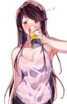  1girl alcohol black_shorts blush breasts can commentary drinking drunk gundou_mirei highres long_hair looking_at_viewer medium_breasts nijisanji pants ramu_(taka1995) red_eyes shirt shorts simple_background sketch sleeveless solo strong_zero sweat upper_body very_long_hair virtual_youtuber wet wet_clothes wet_shirt white_background white_shirt 