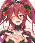  1girl bare_shoulders black_choker blush breasts choker cleavage commentary dragalia_lost english_commentary fang fur_choker halloween_costume heart heart_hands kyarotto_(zenkixd) large_breasts mym_(dragalia_lost) one_eye_closed open_mouth orange_eyes red_hair smile solo tiara twintails twitter_username upper_body watermark 