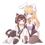  2girls animal_ears bandaged_leg bandages bare_shoulders bell between_breasts black_gloves black_hair blonde_hair blue_eyes blue_hair blush breasts bunny_ears carrot cat_ears cat_tail cleavage commentary_request darkness_(konosuba) eyebrows_visible_through_hair fingerless_gloves fish fish_in_mouth gloves hair_between_eyes hair_ornament highres kneeling kono_subarashii_sekai_ni_shukufuku_wo! large_breasts long_hair looking_at_viewer maid_dress maid_headdress medium_hair megumin mnt0428 multiple_girls open_mouth ponytail simple_background small_breasts tail tail_bell thighhighs white_background x_hair_ornament 