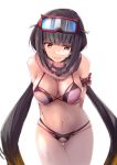  1girl arms_behind_back bikini breasts brown_hair fate/grand_order fate_(series) goggles goggles_on_head gradient_hair large_breasts low_twintails multicolored_hair navel osakabe-hime_(fate/grand_order) osakabe-hime_(swimsuit_archer)_(fate) pink_eyes rikudou_inuhiko scarf swimsuit twintails white_background 