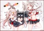  2girls animal_ears artist_name azur_lane baileys_(tranquillity650) belt black_serafuku black_shirt black_skirt blonde_hair braid breasts claw_pose commentary crossover devil_may_cry devil_may_cry_3 eyebrows_visible_through_hair fingerless_gloves floating_hair gloves gun hair_between_eyes hair_flaps hair_ornament hair_ribbon hairclip highres holding holding_gun holding_weapon kantai_collection large_breasts leg_up long_hair looking_at_viewer multicolored multicolored_nails multiple_girls nail_polish namesake neckerchief plaid plaid_skirt red_belt red_eyes red_neckwear remodel_(kantai_collection) ribbon scarf school_uniform serafuku shirt short_eyebrows short_sleeves side_braid signature silver_hair simple_background single_braid skirt tattoo thick_eyebrows torpedo underboob v-shaped_eyebrows very_long_hair water_drop weapon white_background white_shirt wolf_ears wolf_girl yuudachi_(azur_lane) yuudachi_(kantai_collection) 