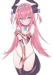  1girl armor bangs bikini bikini_armor black_legwear blade_(galaxist) blue_eyes blush breasts choker closed_mouth commentary_request curled_horns dragon_girl dragon_horns dragon_tail elizabeth_bathory_(brave)_(fate) elizabeth_bathory_(fate)_(all) eyebrows_visible_through_hair fate/grand_order fate_(series) flying_sweatdrops groin hair_between_eyes hair_ribbon horns long_hair oversized_clothes pink_hair pointy_ears purple_ribbon red_bikini red_choker ribbon simple_background small_breasts solo string_bikini sweat swimsuit tail thighhighs tiara two_side_up vambraces very_long_hair wavy_mouth white_background 
