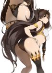  1girl armlet ass asymmetrical_legwear asymmetrical_sleeves bangs bare_shoulders bent_over bikini black_bikini_bottom black_bow black_hair black_legwear black_sleeves blush bow breasts bridal_gauntlets detached_collar detached_sleeves earrings fate/grand_order fate_(series) hair_bow hand_on_hip highleg highleg_bikini highres hoop_earrings ishtar_(fate/grand_order) jewelry leaning_forward long_hair looking_at_viewer looking_back multiple_views neck_ring parted_bangs red_eyes simple_background single_detached_sleeve single_thighhigh swimsuit thighhighs thighlet thighs tiara two_side_up white_background white_bikini_top xiaodi 