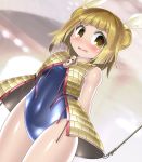  1girl abstract_background alternate_costume arms_behind_back bangs blonde_hair blue_swimsuit blunt_bangs blurry blurry_background blush cowboy_shot double_bun dutch_angle embarrassed flying_sweatdrops hair_ribbon haniwa_(statue) hook joutouguu_mayumi looking_at_viewer one-piece_swimsuit open_mouth parted_lips ribbon school_swimsuit sleeveless solo standing swimsuit touhou white_ribbon winn yellow_eyes 