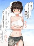  2girls bangs bikini blue_sky blush breast_hold breasts brown_hair camouflage closed_mouth cloud cloudy_sky commentary_request covered_nipples day embarrassed girls_und_panzer green_eyes grey_sarong hair_rings highres hosomi_(girls_und_panzer) looking_away medium_breasts multiple_girls navel notice_lines ocean sarong short_hair single_strap sky smile solo_focus standing sweat swimsuit tamada_(girls_und_panzer) tearing_up toku_(yhpv8752) translated trembling white_bikini 