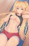  1girl absurdres arm_up armpits bare_arms black_shirt blonde_hair blue_eyes breasts cleavage closed_mouth commentary_request danberu_nan_kiro_moteru? dark_skin frown highres large_breasts long_hair looking_at_viewer lying navel no_bra on_back red_shorts sakura_hibiki_(danberu_nan_kiro_moteru?) shirt shirt_lift short_shorts shorts sleeveless sleeveless_shirt solo stomach sweat tank_top twintails urigarasu very_long_hair 