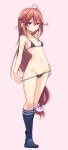  1girl absurdres ahoge bikini blue_bikini blue_legwear breasts bunny_hair_ornament cherry_blossoms commentary_request crescent crescent_hair_ornament full_body gradient gradient_background hair_ornament hair_ribbon highres kantai_collection kneehighs long_hair low-tied_long_hair lowleg lowleg_bikini micro_bikini myht pink_background pink_hair red_eyes ribbon small_breasts solo standing swimsuit uzuki_(kantai_collection) 
