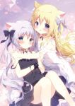  2girls :d :o animal_ear_fluff animal_ears bangs bare_arms bare_shoulders black_bow black_dress blonde_hair blue_eyes blush bow cat_ears cat_girl cat_tail collarbone commentary dress eyebrows_visible_through_hair hair_between_eyes hair_bow hug knees_up long_hair looking_at_viewer multiple_girls off-shoulder_dress off_shoulder open_mouth original parted_lips purple_bow purple_hair shiratama_(shiratamaco) sidelocks sleeveless sleeveless_dress smile strap_slip tail twintails very_long_hair white_dress wrist_cuffs 